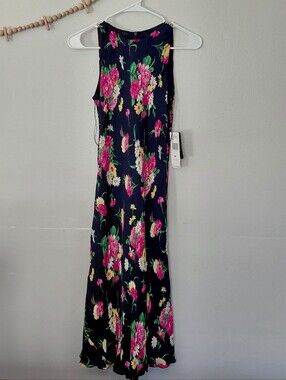 Lauren Ralph Lauren 100% Silk Navy Floral 90's Vintage Midi Dress NWT 4P